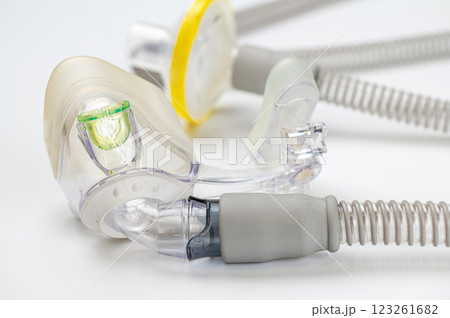Respiratory mask for sleep disorders isolated over white. Apnea. Air pump. Assisted breathing. 123261682