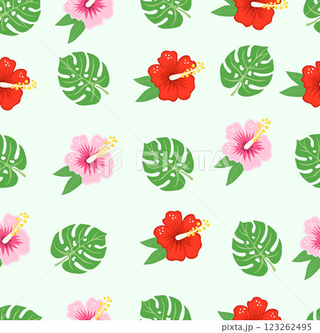 Summer colorful pattern of tropical flowers, and monstera leaf. Vector illustration 123262495