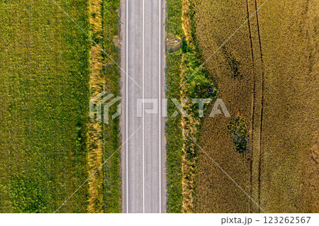 Aerial View of a Straight Asphalt Road Cutting Through Green and Gold Fields 123262567