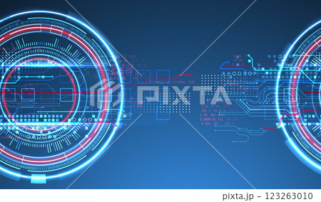 Abstraction on the theme of tech circles. Scientific and technological background. Blue gradient on the background. 123263010