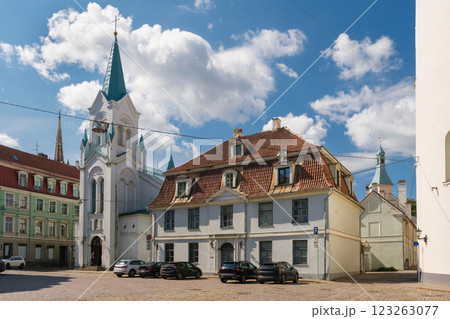 Our Lady of Sorrows Church and historic buildings, Riga old town, Latvia 123263077