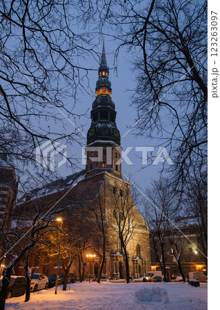 St. Peter Church in Riga on a winter evening St. Peter Church in Riga on a winter evening 123263097