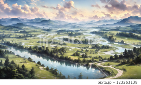 澄み渡る青空と緑の大地に囲まれた美しい清流 澄み渡る青空と緑の大地に囲まれた美しい清流 123263139