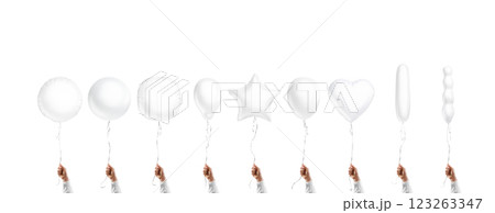 Hand holding blank white balloon mockup, different types 123263347