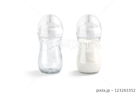 Blank white plastic baby bottle with milk mockup, side view 123263352