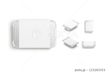 Blank aluminium foil container white paper label mockup, different views 123263353
