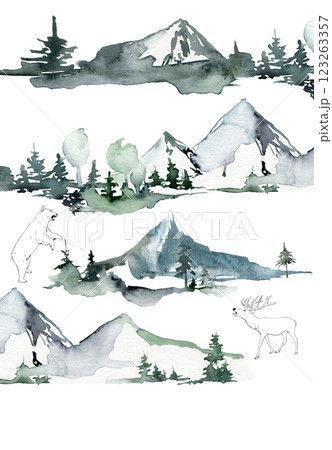 Watercolor mountain landscape card of forest, mountains, bear and deer. Hand painted abstract and linear illustrations isolated on white background. For design, print, fabric or background. 123263357