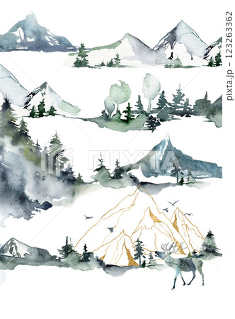 Watercolor mountain landscape card of forest, gold mountains, birds and deer. Hand painted abstract and linear illustrations isolated on white background. For design, print, fabric or background. 123263362