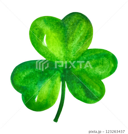 Green watercolor shamrock, Irish three leaf clover, an isolated design element 123263437