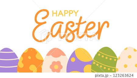 Happy Easter banner or card with Easter eggs. Flat vector illustration 123263624