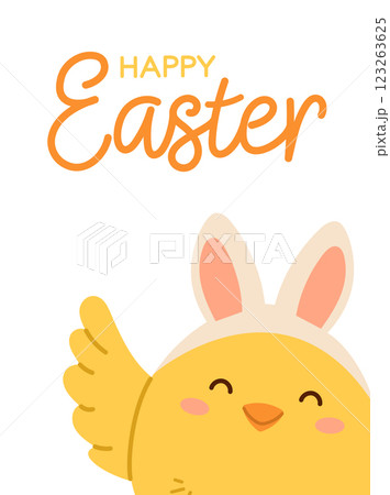 Happy Easter poster or greeting card with cute chick with Easter bunny ears. Flat vector illustration 123263625