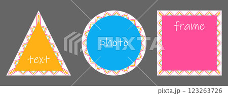 Decorative geometric frame set. Square, circle, triangle shapes background. Zigzag unique green yellow pink colour stripe line, holiday modern graphic, vintage 70s style. Cute vector illustration 123263726