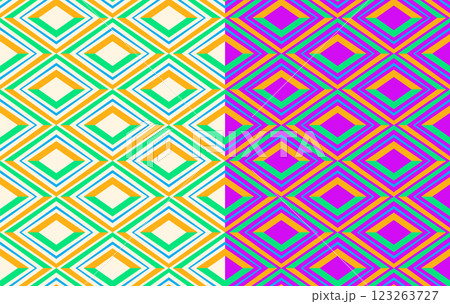 Geometric chevron seamless pattern, set of 2, hipster 70s retro style, triangle shape decor, zigzag unique stripe line, green yellow colour palette. White or lilac background. Vector illustration 123263727