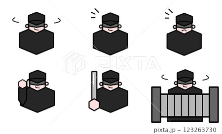 周りを伺ったり、何かに気づいたり、電話をしたり、バットを持ったり、玄関前にいる不審者のイラスト 123263730