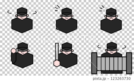 周りを伺ったり、何かに気づいたり、電話をしたり、バットを持ったり、玄関前にいる不審者のイラスト 123263730