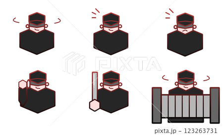 周りを伺ったり、何かに気づいたり、電話をしたり、バットを持ったり、玄関前にいる不審者の赤いイラスト 123263731