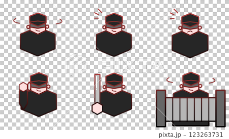 周りを伺ったり、何かに気づいたり、電話をしたり、バットを持ったり、玄関前にいる不審者の赤いイラスト 123263731