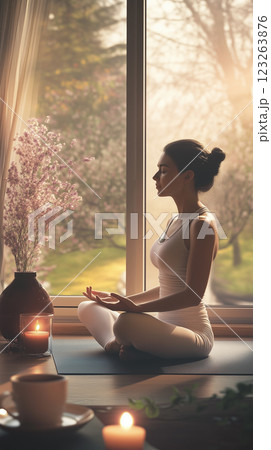 A serene woman practicing morning meditation by a sunlit window, surrounded by a calming atmosphere with a cup of herbal tea and a burning candle. Perfect for wellness, mindfulness, and self-care A serene woman practicing morning meditation by a sunlit window, surrounded by a calming atmosphere with a cup of herbal tea and a burning candle. Perfect for wellness, mindfulness, and self-care 123263876