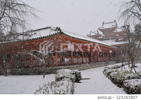神苑から眺む白虎楼・西歩廊と吹雪（平安神宮） 123263907