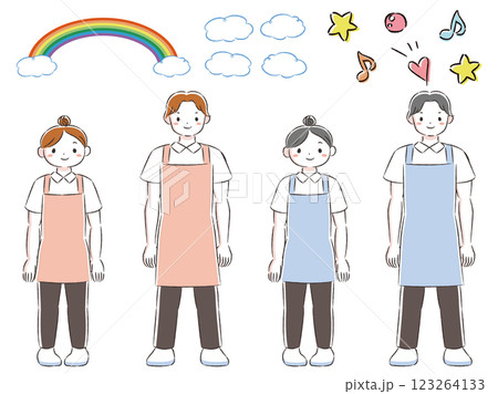 エプロンを付けた笑顔の男女の手描きイラストセット（飾り用パーツ付き） 123264133