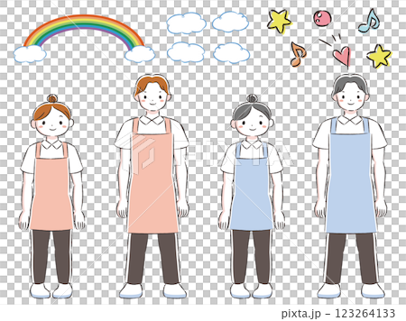 エプロンを付けた笑顔の男女の手描きイラストセット（飾り用パーツ付き） 123264133