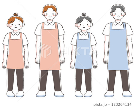 エプロンを付けた笑顔の男女の手描きイラストセット 123264134