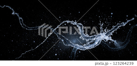 Dynamic water movement with liquid droplets in mid-air, high-speed photography of water splash art, clear liquid against black background 123264239