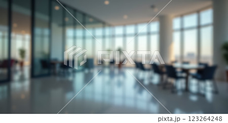 Modern office interior with blurred background, stylish furniture, bright open space. Workspace for professionals with contemporary layout and large windows for natural light 123264248