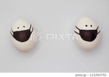 Easter eggs with Corona virus COVID19 protection concepts. DIY Do It Yourself easter eggs wearing mask for Easter holidays decoration on white background Selective focus with copy space. 123264750