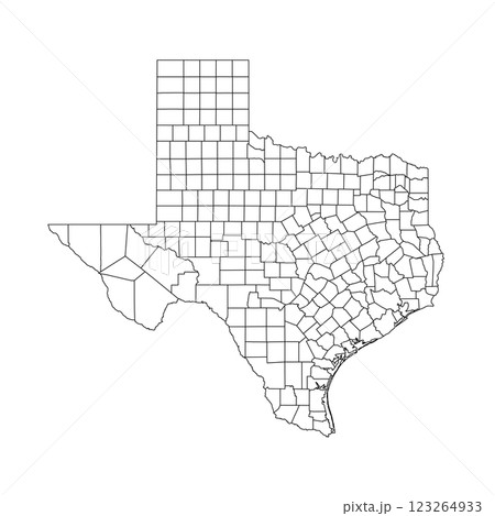 Texas, TX - detailed political map of US state. Administrative map divided into counties. Thin blank black outline map. Vector illustration 123264933