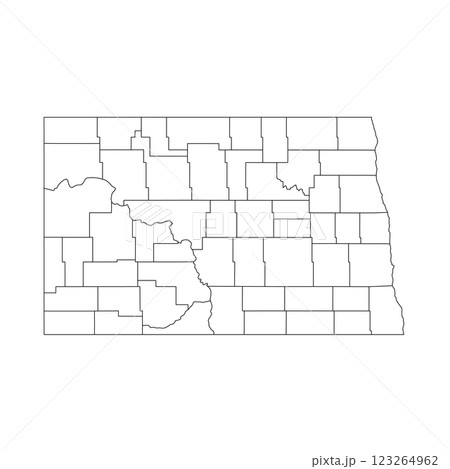North Dakota, ND - detailed political map of US state. Administrative map divided into counties. Thin blank black outline map. Vector illustration 123264962