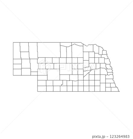 Nebraska, NE - detailed political map of US state. Administrative map divided into counties. Thin blank black outline map. Vector illustration 123264983
