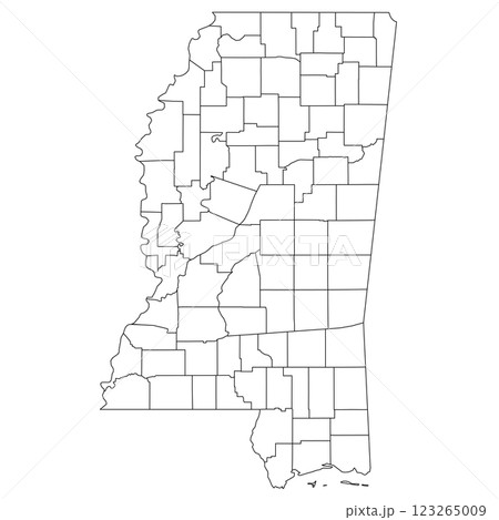 Mississippi, MS - detailed political map of US state. Administrative map divided into counties. Thin blank black outline map. Vector illustration Mississippi, MS - detailed political map of US state. Administrative map divided into counties. Thin blank black outline map. Vector illustration 123265009