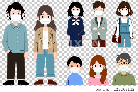 一群戴著面具的各個年齡層的人 一群戴著面具的各個年齡層的人 123265112