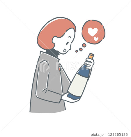 お酒の瓶を見て喜んでいる様子の女性のイラスト 123265126