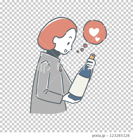 一位女士高興地看著一瓶清酒的插圖 123265126