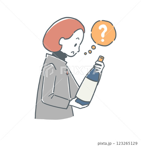 お酒の瓶を見て疑問に思う女性のイラスト 123265129