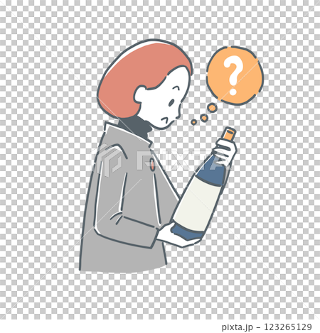 お酒の瓶を見て疑問に思う女性のイラスト 123265129