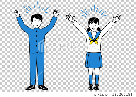 Set of male and female students (whole body) cheering with arms raised Set of male and female students (whole body) cheering with arms raised 123265181