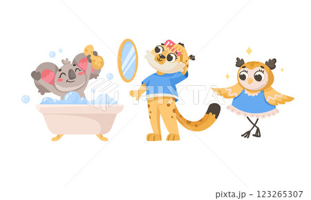 Animal Characters and Hygiene Rules Washing and Grooming Vector Set Animal Characters and Hygiene Rules Washing and Grooming Vector Set 123265307