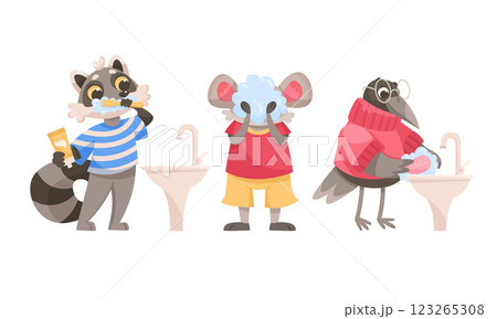 Animal Characters and Hygiene Rules Washing and Grooming Vector Set 123265308