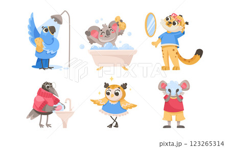 Animal Characters and Hygiene Rules Washing and Grooming Vector Set 123265314