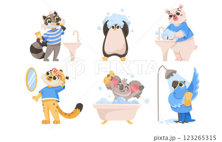 Animal Characters and Hygiene Rules Washing and Grooming Vector Set 123265315