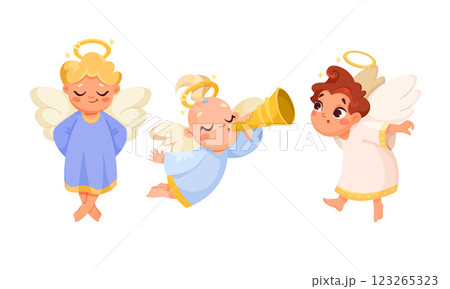 Cute Children Angels with Wings and Nimbus Vector Set 123265323
