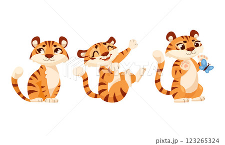 Cute Tiger Cub with Striped Orange Fur in Different Pose Vector Set 123265324