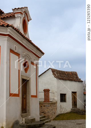 Detail of buildings in the church area, Kajov, Czechia Detail of buildings in the church area, Kajov, Czechia 123265390