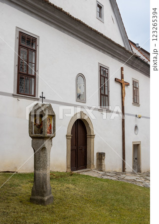 Detail of buildings in the church area, Kajov, Czechia Detail of buildings in the church area, Kajov, Czechia 123265394