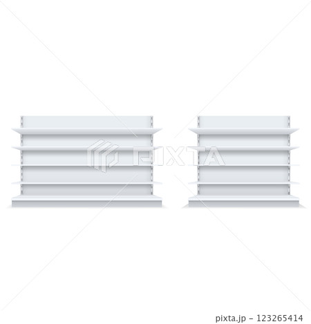 Realistic White Retail Shelving Units Mockup. Vector Realistic White Retail Shelving Units Mockup. Vector 123265414