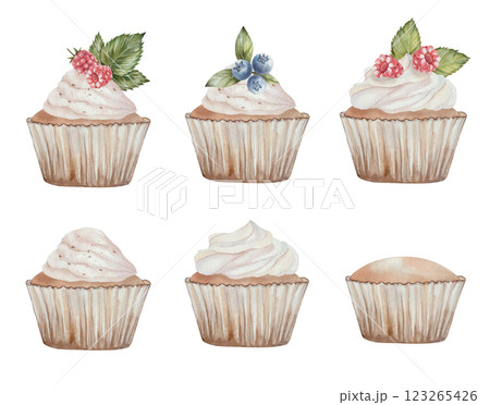 Watercolor cupcakes set with blueberries, blueberries and raspberries. Hand drawn with watercolors, isolated on a white background. Delicious food illustration, for menu design, textiles, cards 123265426