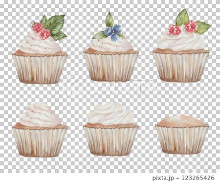 Watercolor cupcakes set with blueberries, blueberries and raspberries. Hand drawn with watercolors, isolated on a white background. Delicious food illustration, for menu design, textiles, cards 123265426